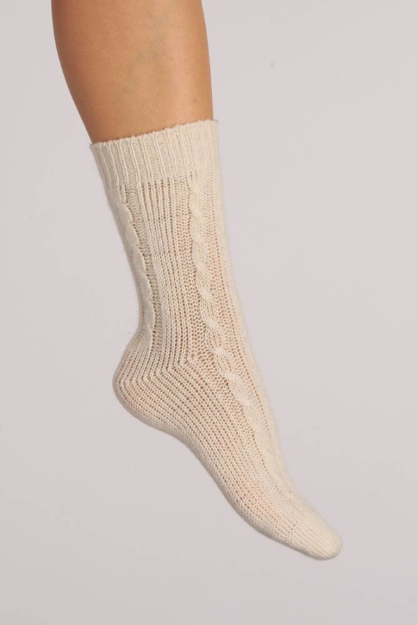 Pure Cashmere Bed Socks in Cream White Cable Knit 