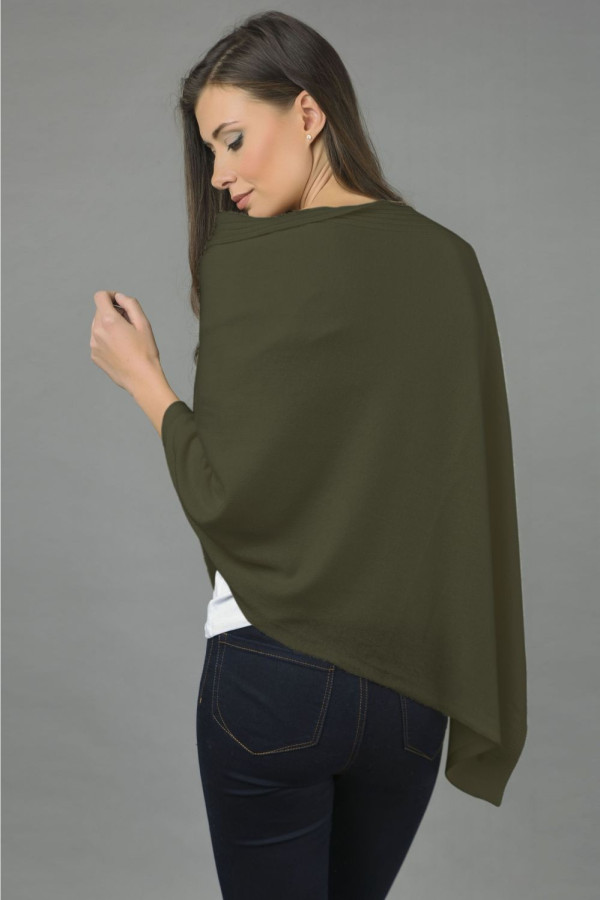 Pure Cashmere Knitted Asymmetric Poncho Wrap in Army Green 2