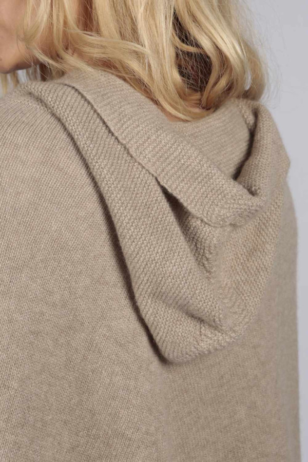 Camel brown beige pure cashmere hooded poncho cape close-up