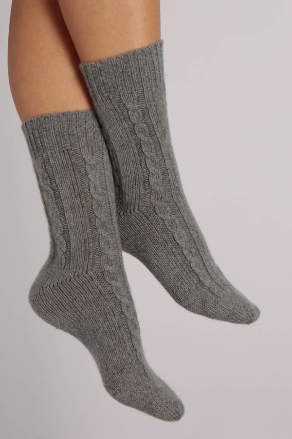 Pure Cashmere Bed Socks in Light Grey Cable Knit