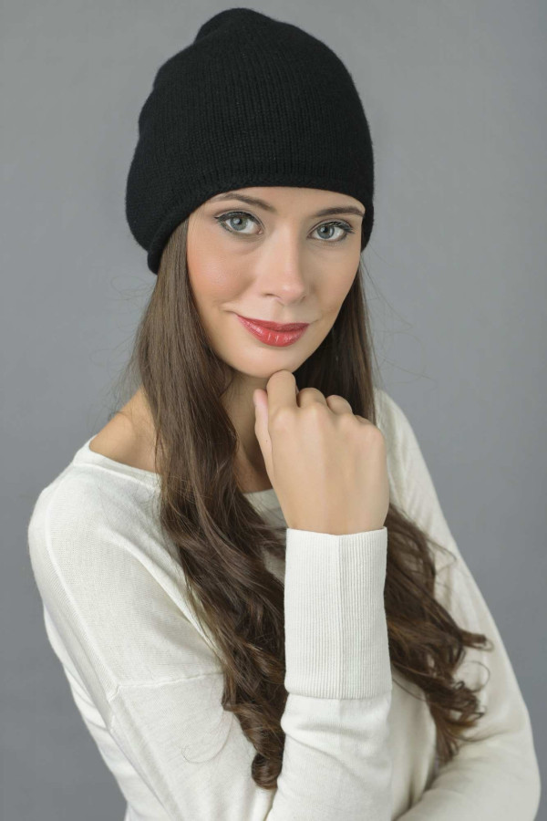 Pure Cashmere Plain Knitted Beanie Hat in Black 1
