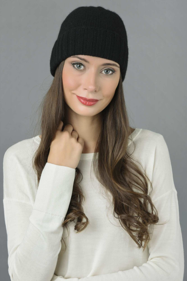 Pure Cashmere Plain and Ribbed Knitted Beanie Hat in Black 1