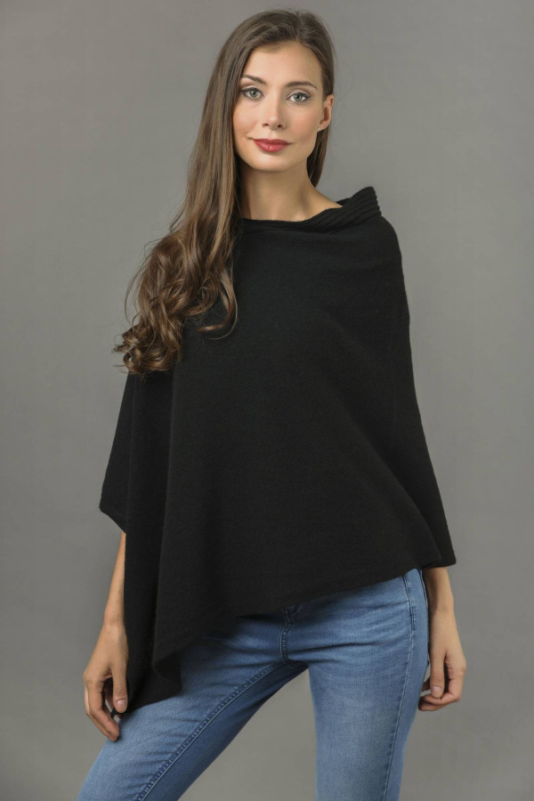 Pure Cashmere Knitted Asymmetric Poncho Wrap in Black 1