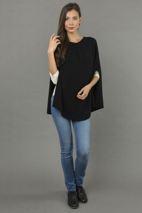 Pure Cashmere Plain Knitted Poncho Cape in Black 4