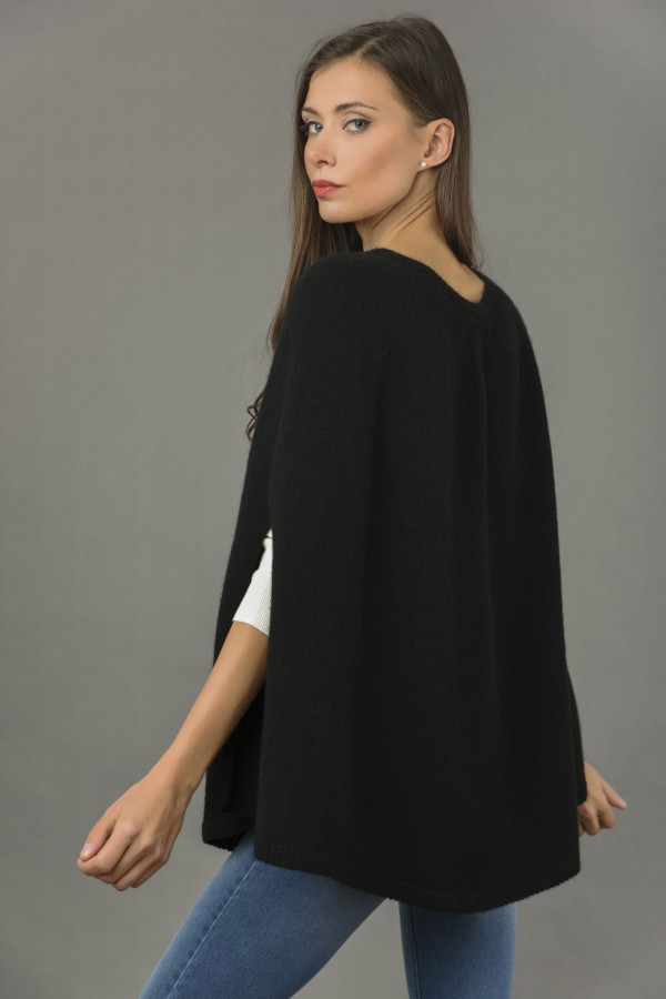 Pure Cashmere Plain Knitted Poncho Cape in Black 3