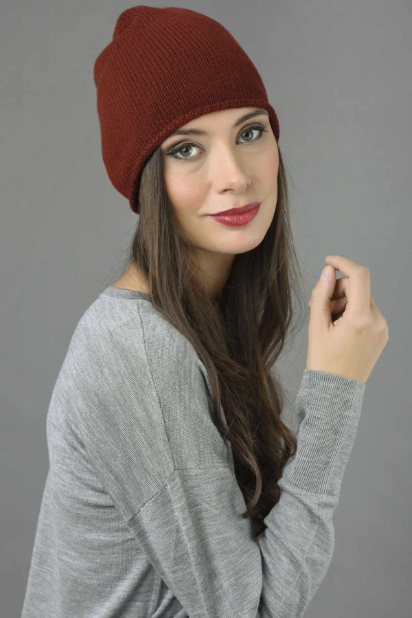 Pure Cashmere Plain Knitted Beanie Hat in Bordeaux 2