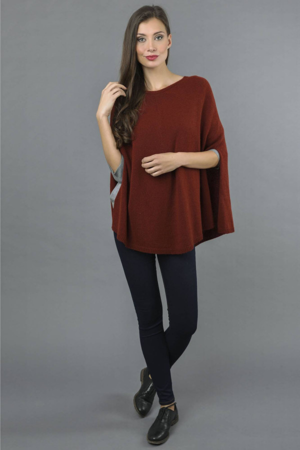 Pure Cashmere Plain Knitted Poncho Cape in Bordeaux 2