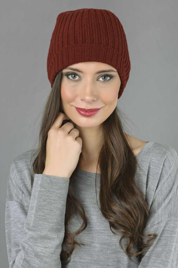 Pure Cashmere Fisherman Ribbed Beanie Hat in Bordeaux 1