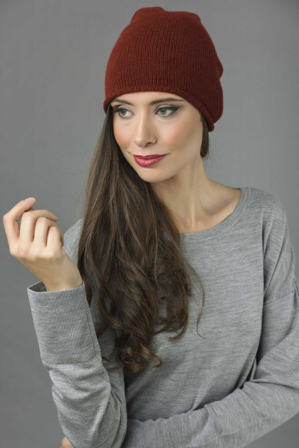 Pure Cashmere Plain Knitted Slouch Beanie Hat in Bordeaux 3