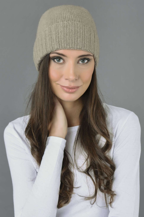 Pure Cashmere Plain and Ribbed Knitted Beanie Hat in Camel Brown 2