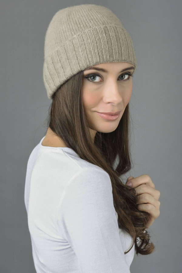 Pure Cashmere Plain and Ribbed Knitted Beanie Hat in Camel Brown 3