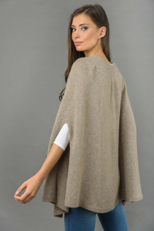 Pure Cashmere Plain Knitted Poncho Cape in Camel Brown 4
