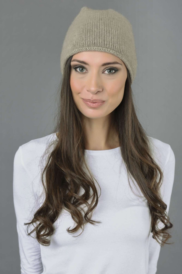 Pure Cashmere Plain Knitted Slouchy Beanie Hat in Camel Brown 3