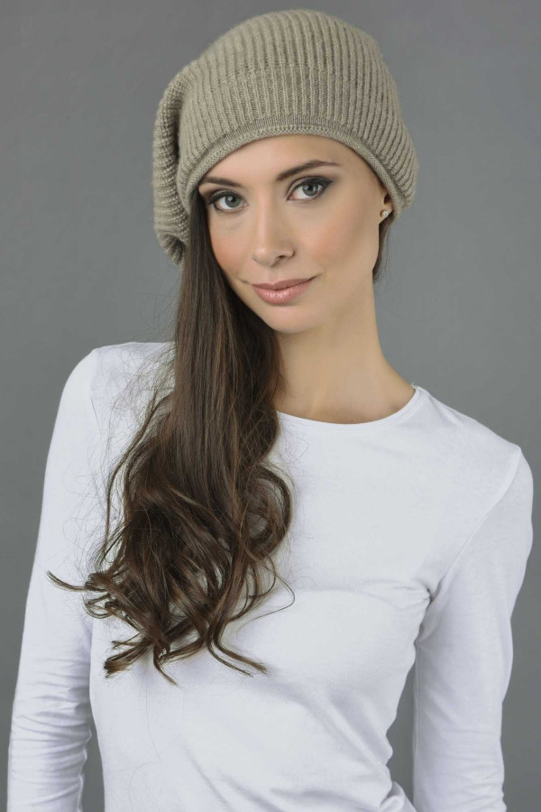 Pure Cashmere Ribbed Knitted Slouchy Beanie Hat in Camel Brown 2
