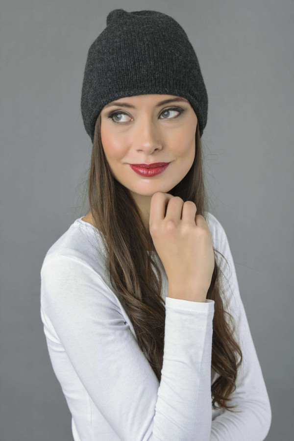  Pure Cashmere Plain Knitted Beanie Hat in Charcoal Grey 1