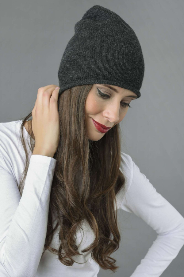 Pure Cashmere Plain Knitted Beanie Hat in Charcoal Grey 2