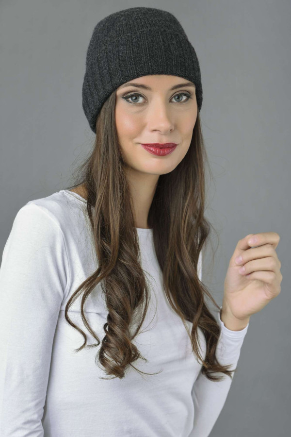 Pure Cashmere Plain and Ribbed Knitted Beanie Hat in Charcoal Grey 3
