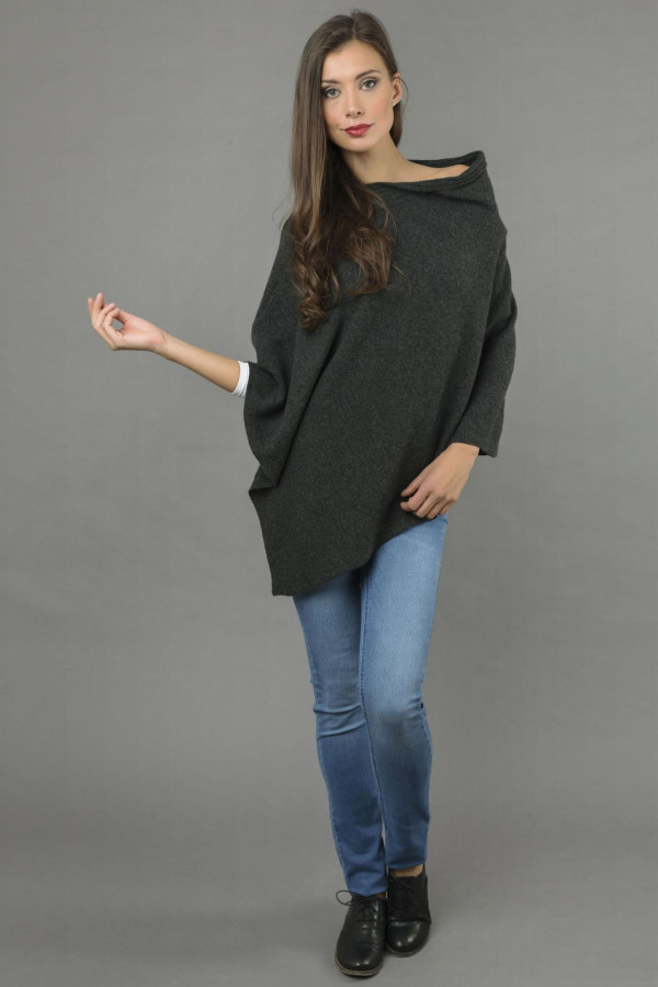 Pure Cashmere Knitted Asymmetric Poncho Wrap in Charcoal Grey 4