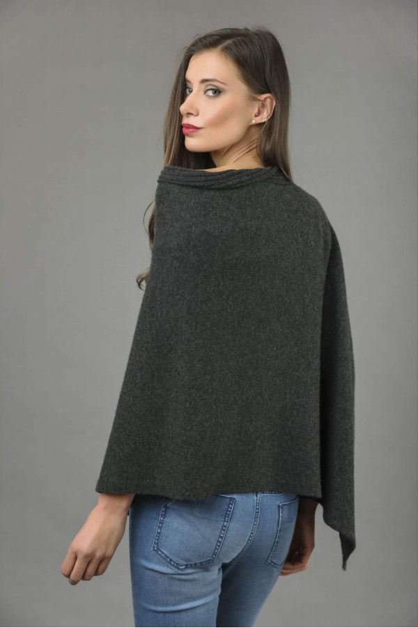 Pure Cashmere Knitted Asymmetric Poncho Wrap in Charcoal Grey 2