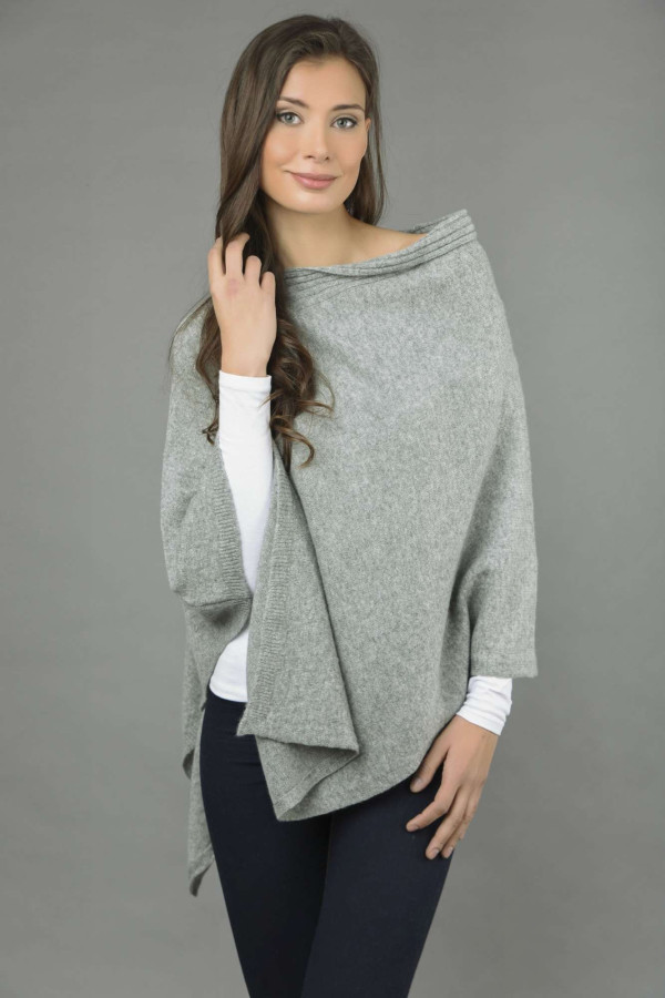 Pure Cashmere Knitted Asymmetric Poncho Wrap in Light Grey 1