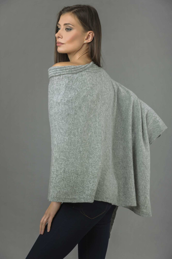 Pure Cashmere Knitted Asymmetric Poncho Wrap in Light Grey 4