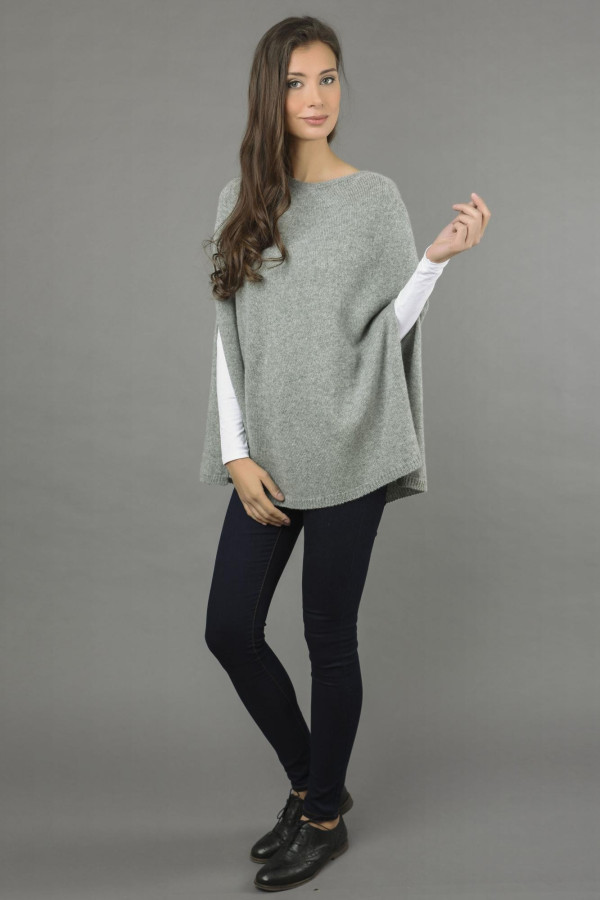 Pure Cashmere Plain Knitted Poncho Cape in Light Grey 4