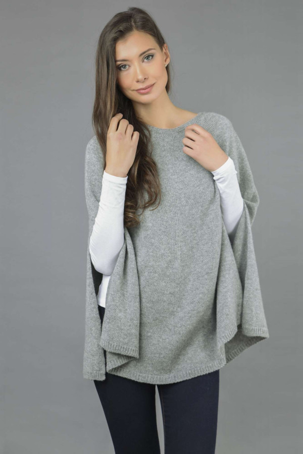 Pure Cashmere Plain Knitted Poncho Cape in Light Grey 2