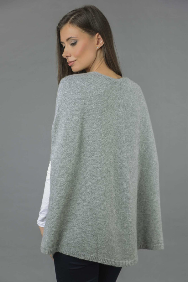 Pure Cashmere Plain Knitted Poncho Cape in Light Grey 3