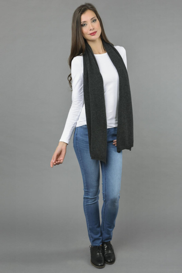 Pure Cashmere Plain Knitted Small Stole Wrap in Charcoal Grey 1