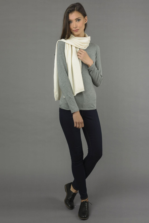 Pure Cashmere Plain Knitted Small Stole Wrap in Cream White 4