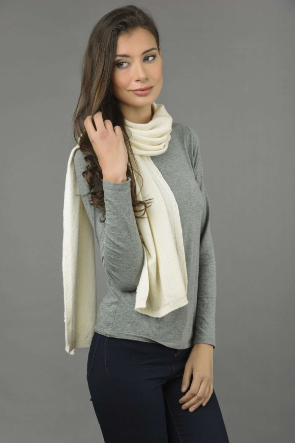 Pure Cashmere Plain Knitted Small Stole Wrap in Cream White 2
