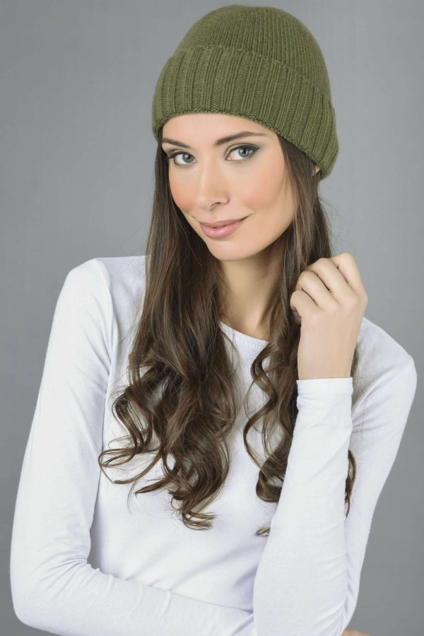 Pure Cashmere Plain and Ribbed Knitted Beanie Hat in Loden Green 2