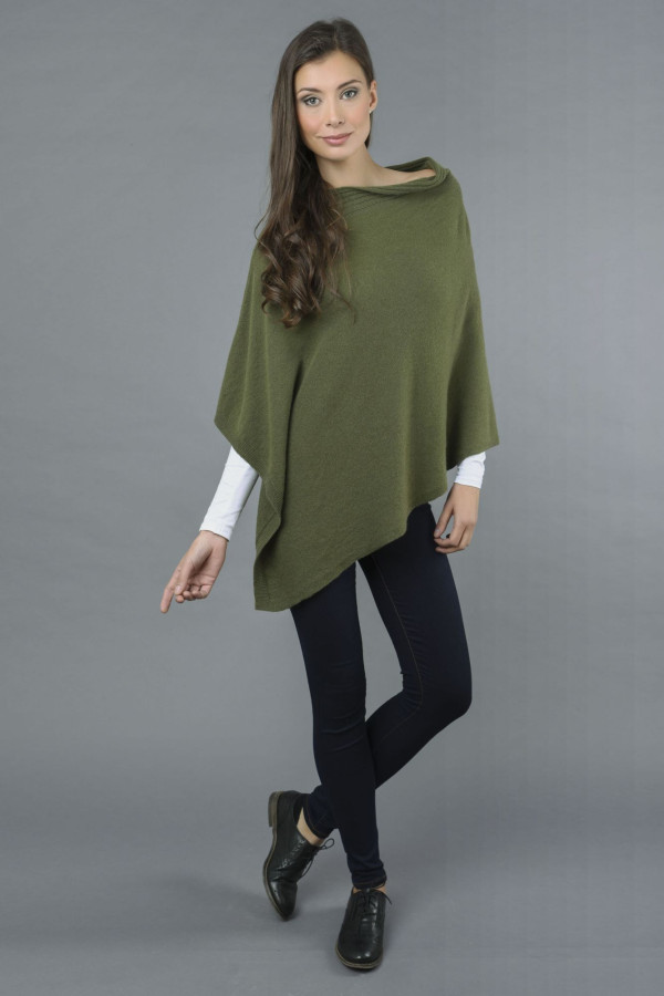 Pure Cashmere Knitted Asymmetric Poncho Wrap in Loden Green 2