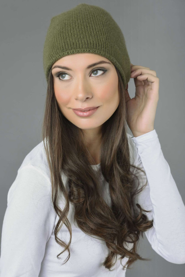 Pure Cashmere Plain Knitted Slouchy Beanie Hat in Loden Green 2