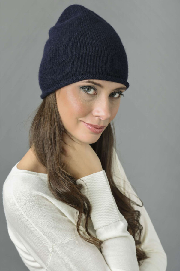Pure Cashmere Plain Knitted Beanie Hat in Navy Blue 1