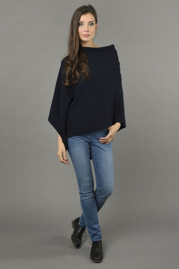 Pure Cashmere Knitted Asymmetric Poncho Wrap in Navy Blue 3