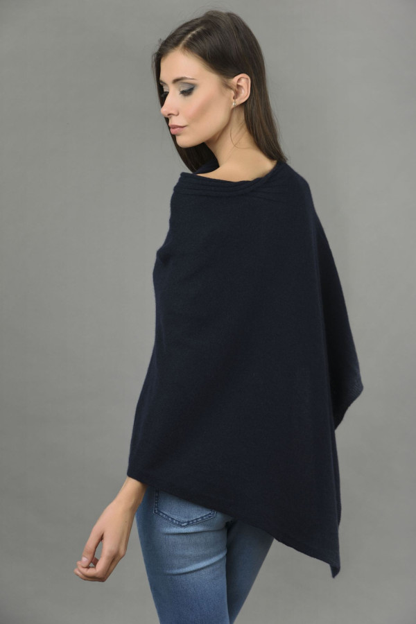 Pure Cashmere Knitted Asymmetric Poncho Wrap in Navy Blue 4