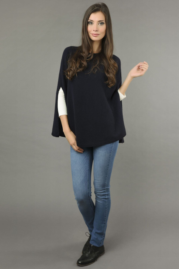 Pure Cashmere Plain Knitted Poncho Cape in Navy Blue 4