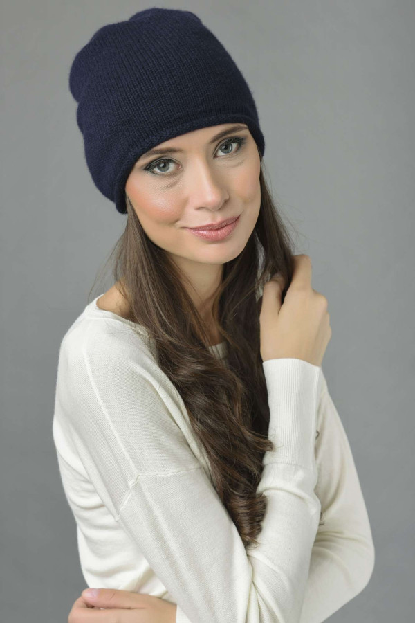 Pure Cashmere Plain Knitted Slouchy Beanie Hat in Navy Blue 1