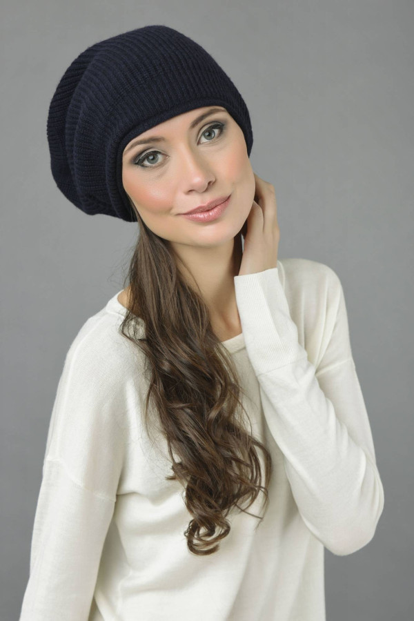 Pure Cashmere Ribbed Knitted Slouchy Beanie Hat in Navy Blue 3