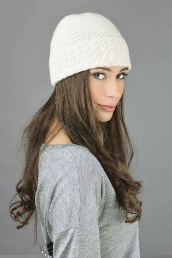Pure Cashmere Plain and Ribbed Knitted Beanie Hat in Cream White 3