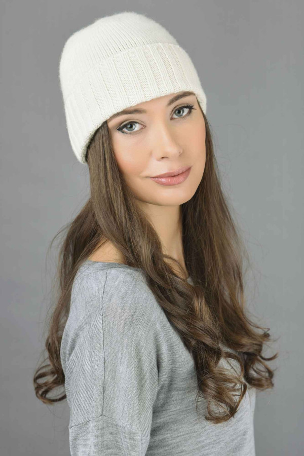 Pure Cashmere Plain and Ribbed Knitted Beanie Hat in Cream White 1