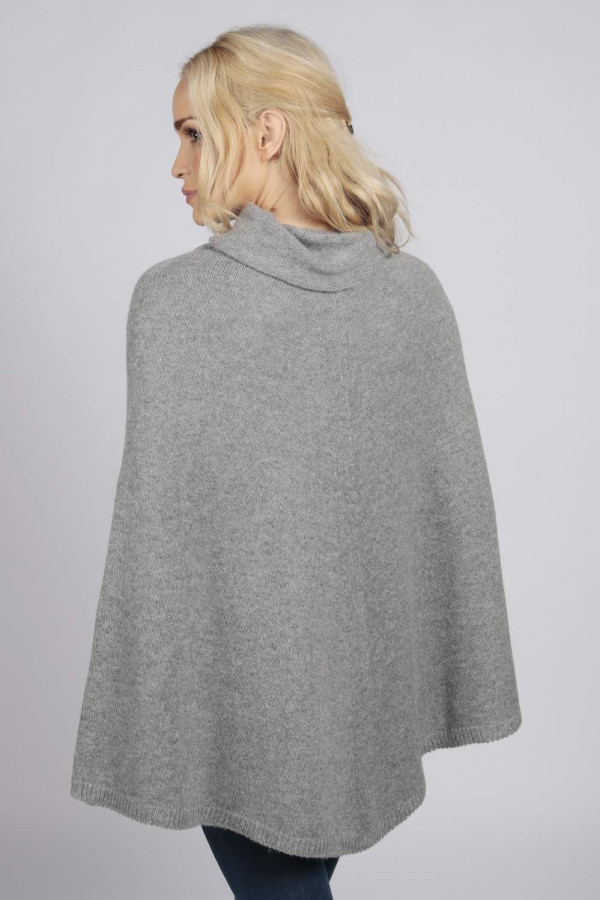 Light gray pure cashmere roll neck poncho cape-made-in-Italy
