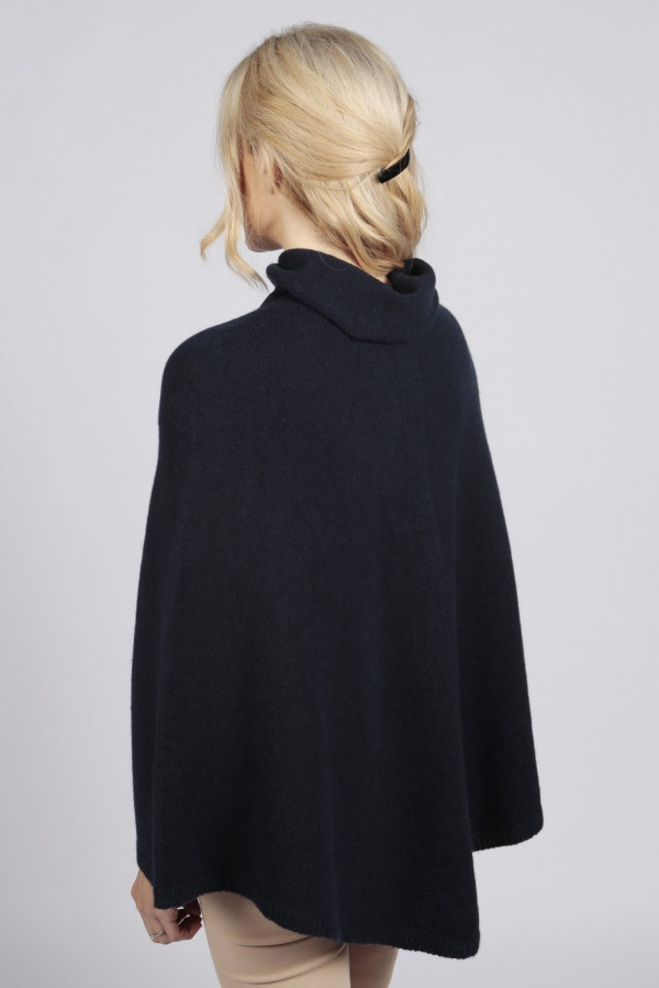Blue navy pure cashmere roll neck poncho cape-made-in-Italy
