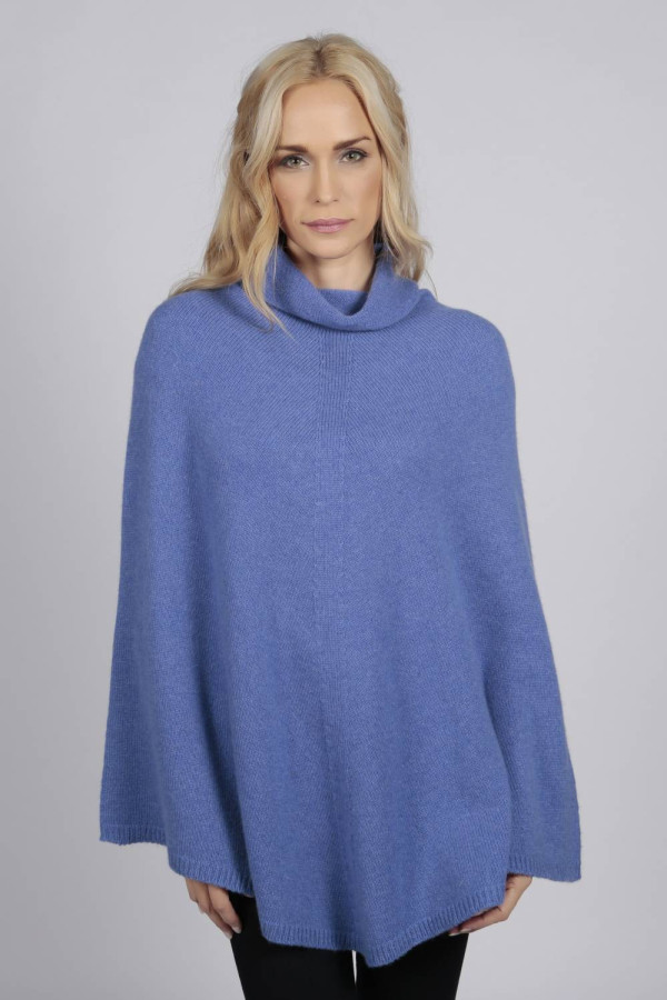 Periwinkle pure cashmere roll neck poncho cape front