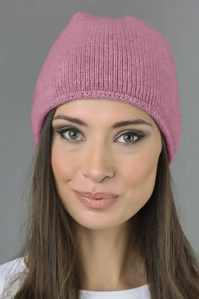 Pure Cashmere Plain Knitted Slouchy Beanie Hat in Antique Pink