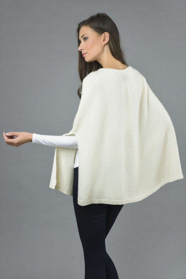 Pure Cashmere Plain Knitted Poncho Cape in Cream White 4