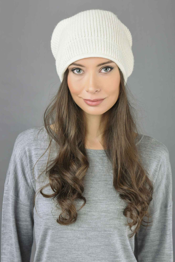 Pure Cashmere Ribbed Knitted Slouchy Beanie Hat in Cream White 1