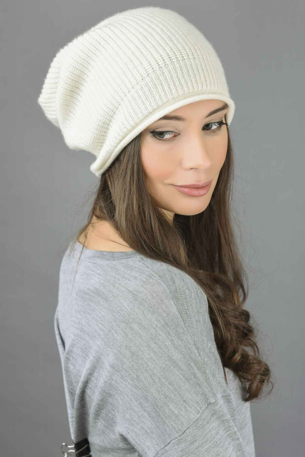 Pure Cashmere Ribbed Knitted Slouchy Beanie Hat in Cream White 2