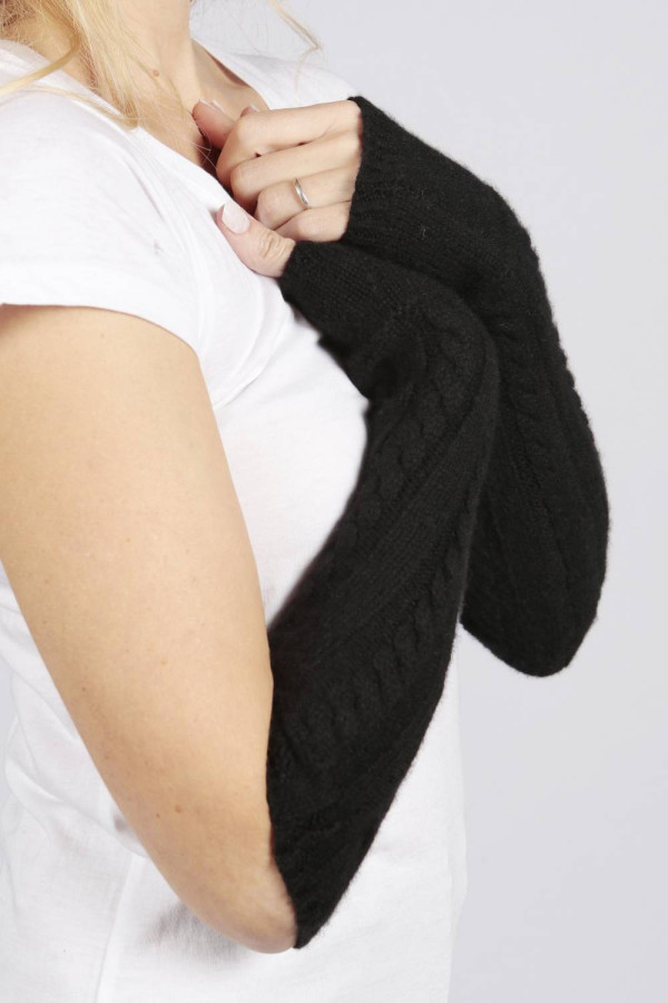 Black pure cashmere cable knit wrist warmers gloves 1